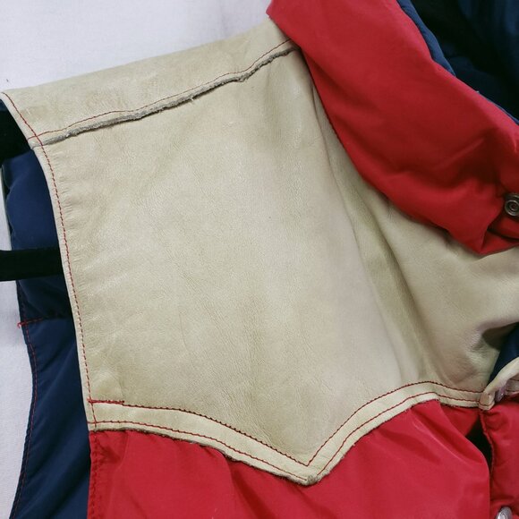 Vintage Denver Down Multicolor Leather n Nylon Puff Jacket Vest Goose Down Fill - Picture 9 of 16